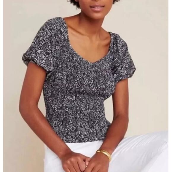 NEW ANTHROPOLOGIE Black Floral Aurelia Smocked Blouse Size S - Picture 1 of 8